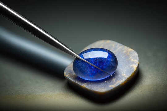 Natural 6 rays blue star sapphire gemstone in tweezers. Heated, diffusion treated, opaque, oval cabochon polished loose setting for making jewelry. Natural mined genuine corundum. Gemology, mineralogy