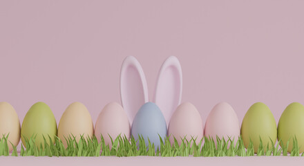 Rabbit with easter eggs on pink background. Easter concept. 3d illustration.