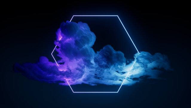 Cloud Formation Illuminated with Blue and Purple Fluorescent Light. Dark Environment with Hexagon shaped Neon Frame.