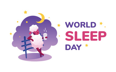 World Sleep Day banner, postcard with esting dream sheep and text. Vector illustration for international holiday. Cartoon style, flat design