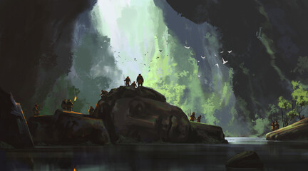 A group of elves lived among the human remains inside the cave, 3d illustration.