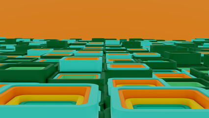 Green Boxes in motion, orange background, 3D