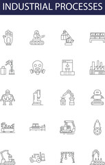 Industrial processes line vector icons and signs. Automation, Refining, Engineering, Refractoring, Forging, Outputting, Welding, Machining outline vector illustration set