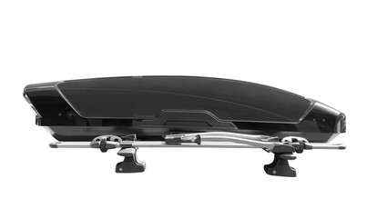 Carrier car roof box isolated. Black plastic car rooftop cargo box or roof carrier for traveling....
