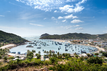 The beautiful panoramic landscape of Vietnam beach, Vinh Hy bay, Ninh Thuan, with group of boats...