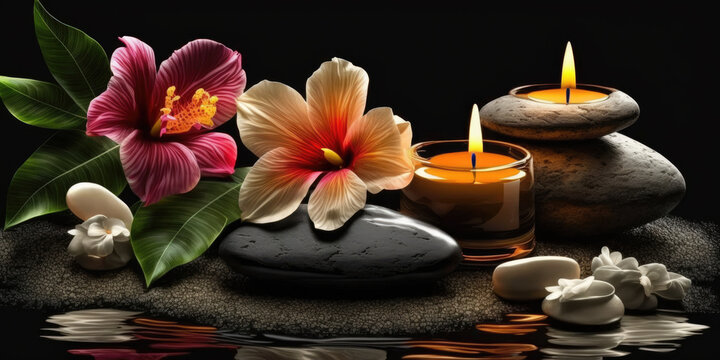 Spa scene with Massage Stones, Hibiscus Flowers and Candles. Tranquil Well-being Concept. Generative AI
