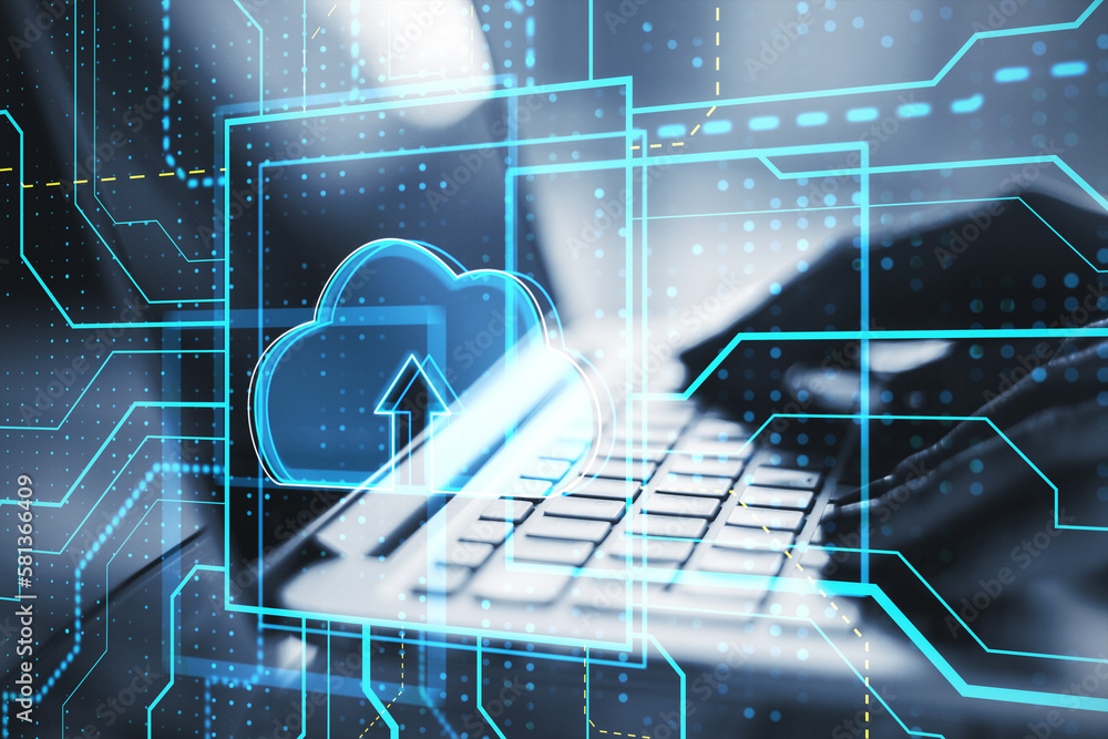 Poster Close up of businesswoman hands using laptop with glowing circuit cloud computing hologram on blurry background. Database and server concept. Double exposure.