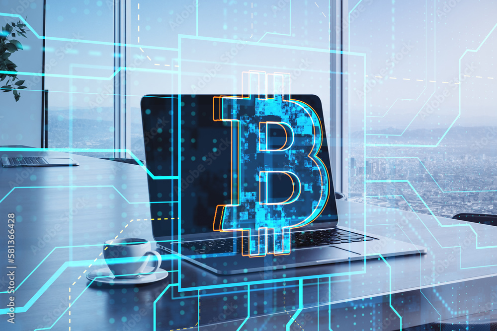 Poster close up of laptop with glowing circuit bitcoin hologram, coffee cup and notepad on blurry window wi