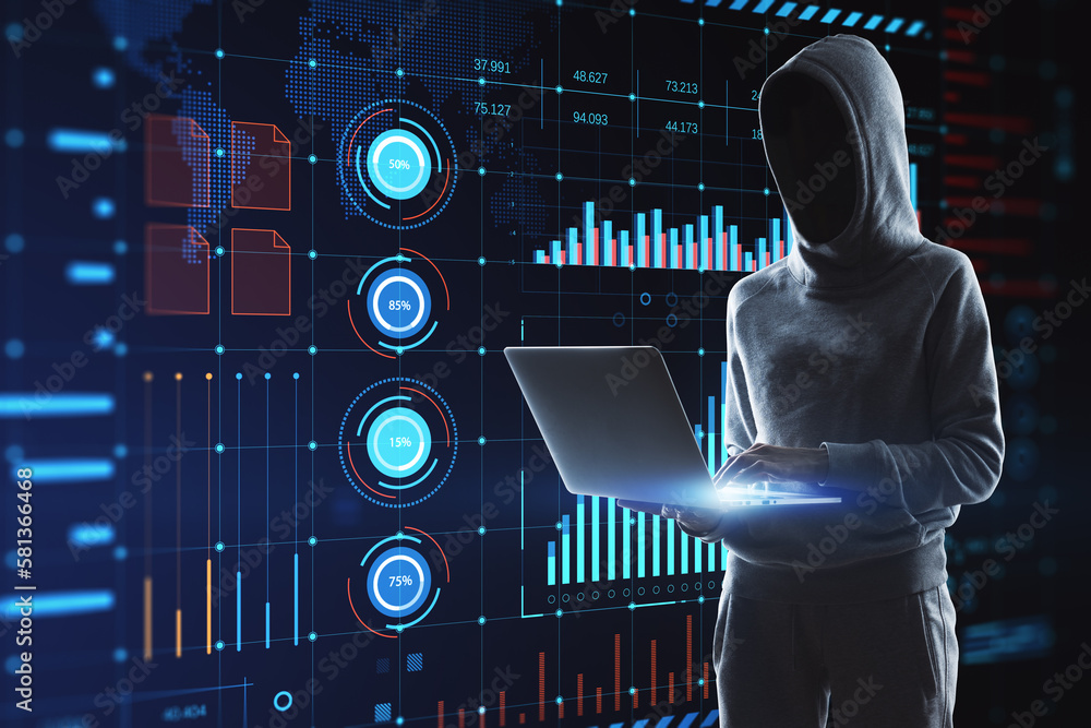 Poster Hacker using laptop with glowing digital interface with business charts and coding on dark background. Future and cyberspace concept.