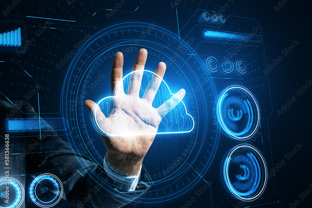 Fototapete close up of hand using glowing cloud computing hologram on dark background. database concept.