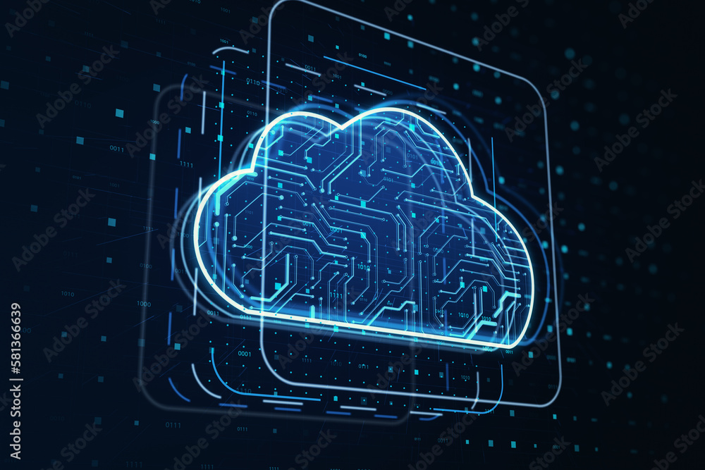 Poster Cloud service and data exchange technology concept with perspective view on digital cloud symbol made from microcircuit on dark technological background. 3D rendering