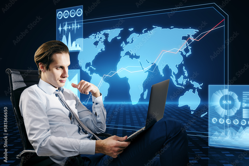 Poster young european businessman sitting in chair and using laptop with abstract glowing map interface on 