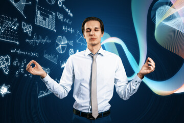 Portrait of attractive young european businessman meditating with glowing mathematical formulas...