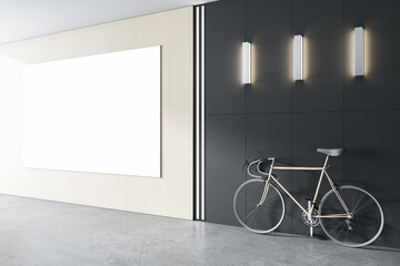Modern interior with empty white mock up poster on wall, bike and lamps. Design and loft decor concept. 3D Rendering.