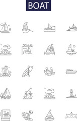 Boat line vector icons and signs. craft, vessel, dinghy, canoe, kayak, schooner, raft, sailboat outline vector illustration set