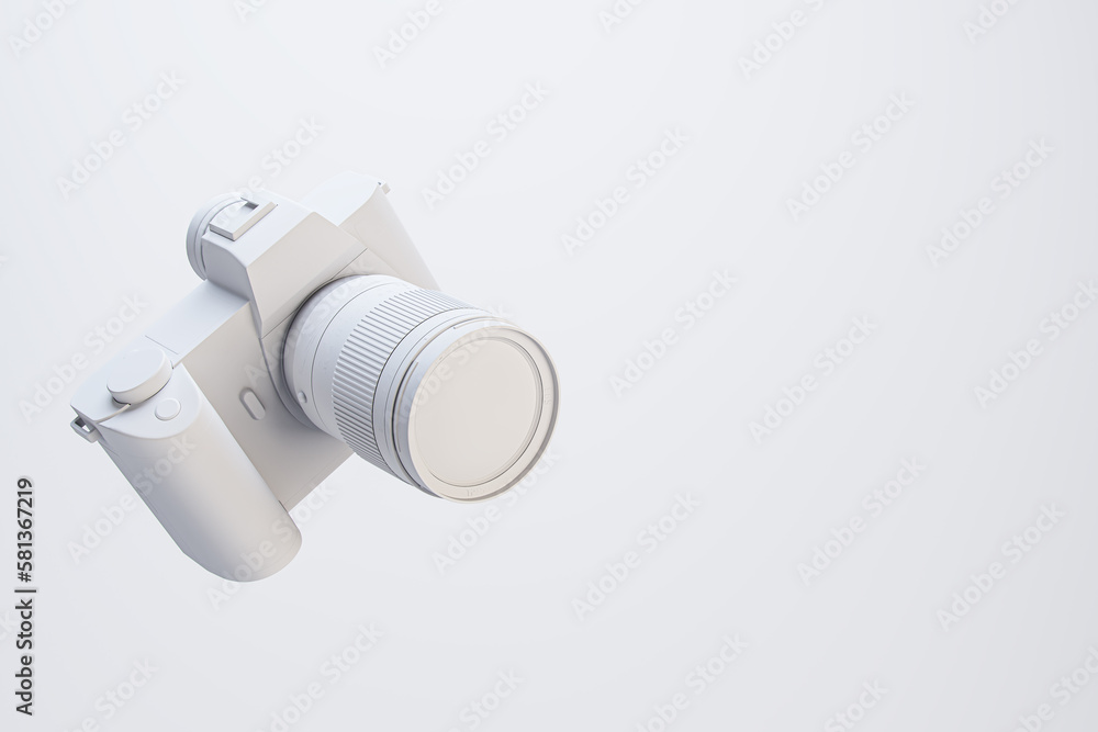 Poster Creative minimal white photo camera on light background with mock up place for advertisement. Technology, hobby and picture concept. 3D Rendering.