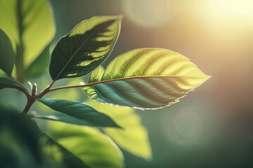 Fototapeta na wymiar Beautiful natural scene in close up with a green leaf against a hazy background of foliage, sunlight, and copy space. It is used as a fresh wallpaper design and a natural ecosystem summer background