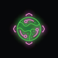Global virtual travel icon outline vector. Map space. Digital tourism neon color isolated on black