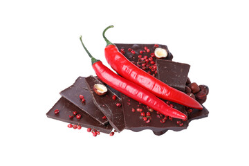 Concept of delicious food - chocolate with pepper, isolated on white background
