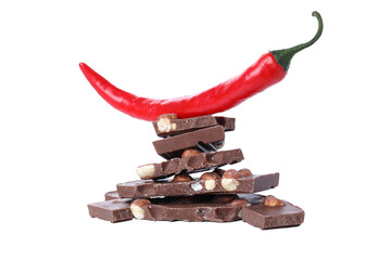 Concept of delicious food - chocolate with pepper, isolated on white background