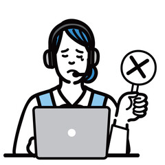 ラップトップの前に座ってバツの札を持って残念そうなオペレーターの若い女性
