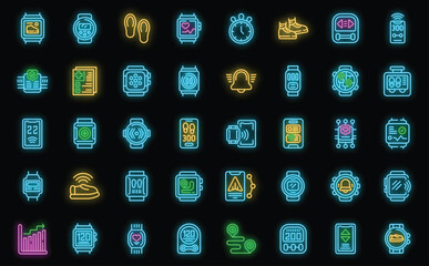Pedometer icons set outline vector. Fitness sport. App smart neon color on black isolated