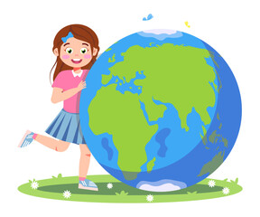 Vector illustration of a cute little girl who loves, cares for the planet. Cartoon scene of a smiling little girl hugging the planet Earth isolated on a white. Save the planet Earth. Mother Earth Day.