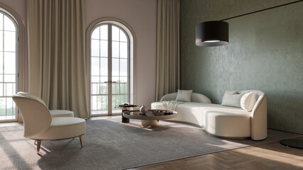 Fototapeta premium Large luxury modern bright interiors Living room mockup illustration 3D rendering computer digitally generated image
