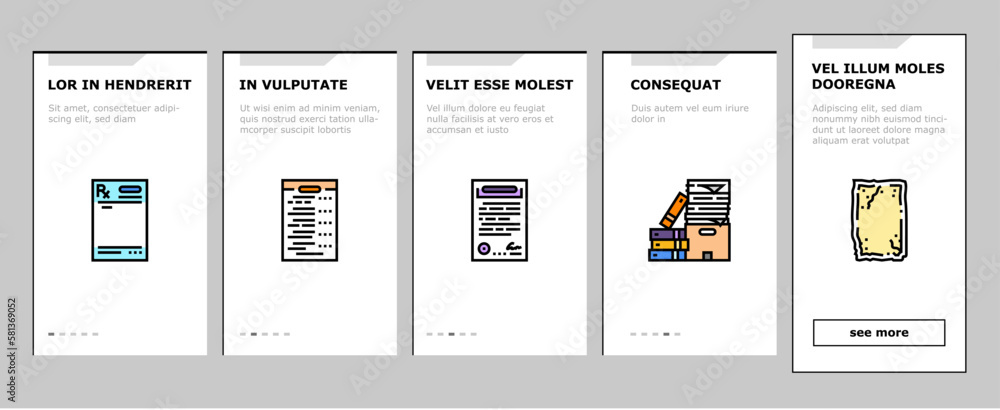 Poster paper document office note page onboarding icons set vector