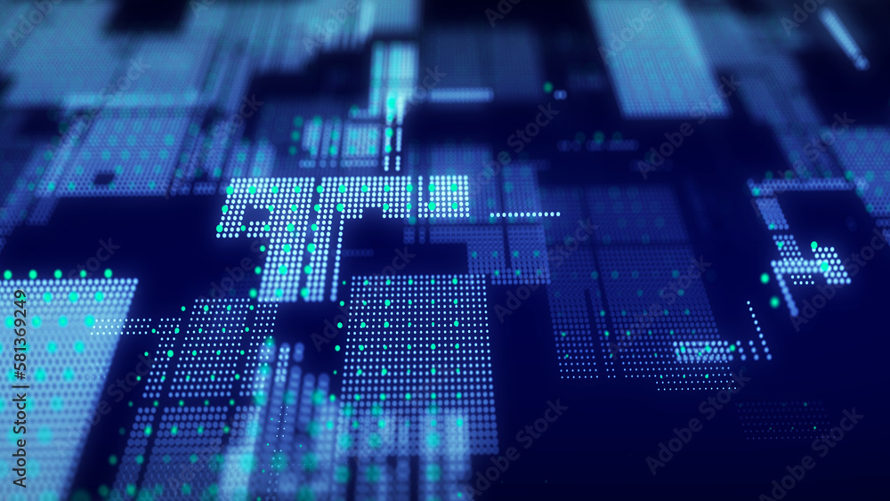 Poster Futuristic circuit board concept. Progressive IT technologies. Digital data flow concept. Big data visualization. 3d rendering.