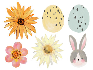 Watercolor easter bunny rabbit wild field botanical leaf foliage arrangement ornament hand drawn illustration