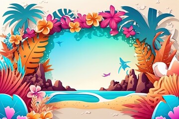 Fototapeta na wymiar Tropical paradise landscape hawaii cartoon background with palm trees, exotic flowers and seaside beach on blue sky background