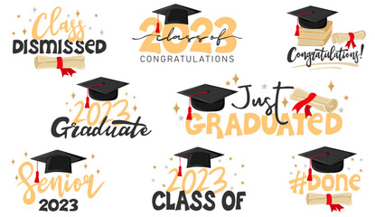 Inspiration and motivation graduation party quotes with graduation cap and scroll of diploma. Congrats grad, class of 2023. Element for degree ceremony and educational programs design. Vector