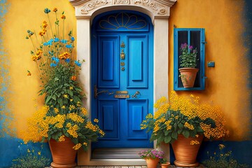 Obraz na płótnie Canvas yellow and blue narrow front door of house and decorations in form of flowers, created with generative ai