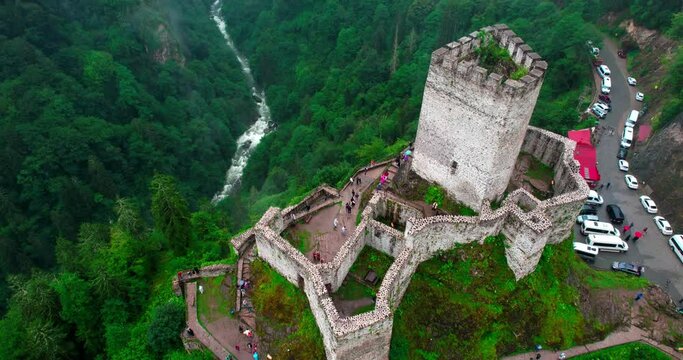 Aerial shot of historical Zilkale. Historic castles and ramparts. A medieval castle in the middle of the forest. Zilkale located in Camlihemsin. Historical and touristic castles.