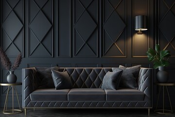 Decorative background for home, office and hotel. Modern interior design living room sofa and modern interior details on a dark wall background. Generative AI