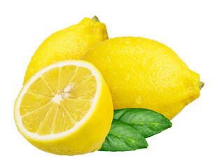 yellow lemon and half with water drop isolated on transparent background, PNG image