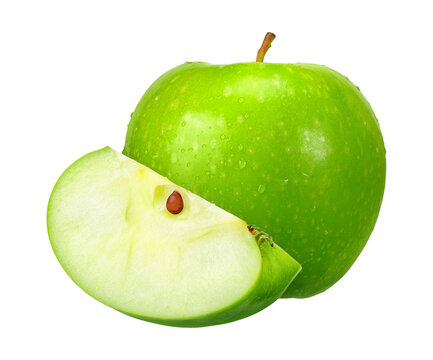 green apple water drop and sliced isolated on transparent background, PNG image