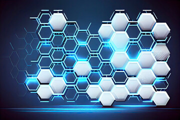 White 3d hexagonal technology vector abstract background. Blue bright energy flashes under hexagon in modern