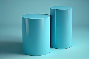 Two blue cylindrical podiums on a neutral background for product presentation in 3D rendering