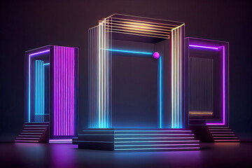 Digital Futuristic showcase concept empty show scene. Abstract geometric fantasy glow neon line background