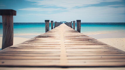 Summer, Wooden bridge on the tropical beach and blue sky with Generative AI.