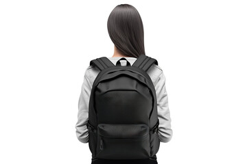 Black blank backpack on young woman's back, view from behind, cut out. Based on Generative AI - obrazy, fototapety, plakaty