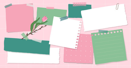 Collection of various notes paper. Banner with colorful sticky note, vector set in spring colors pink and green. Place for your text.