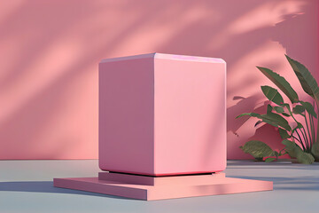 Square pink podium in an outdoor minimalist scene for a product presentation in 3D rendering