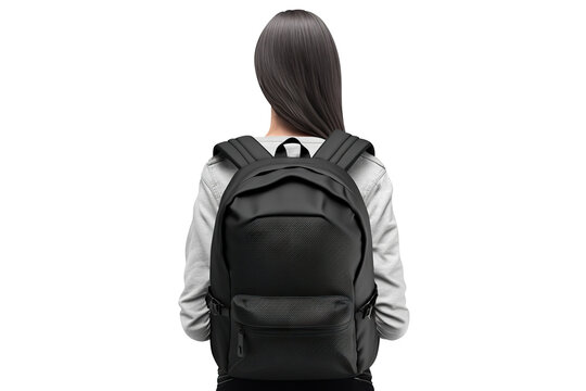 Black blank backpack on young woman's back, view from behind, cut out. Based on Generative AI