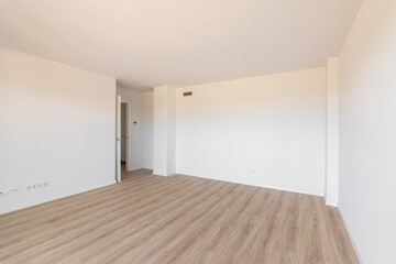Empty white spacious unfurnished room with wooden laminate floor and access to another room. Concept of a studio or apartment after renovation. Copyspace