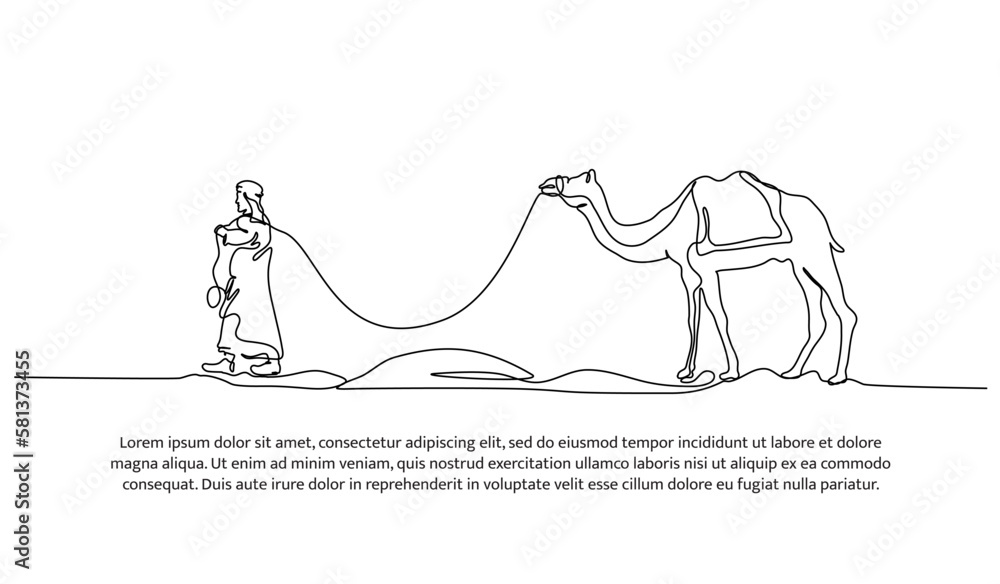 Poster continuous line design of man guiding camel with rope in desert. islamic design concept. decorative 