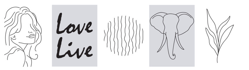 A collection of modern simple minimalistic abstractions of posters: a linear portrait of a woman, an elephant, a plant. Text: love, life. And a geometric shape (circle) on a white and gray background