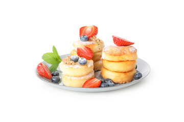 Concept of tasty sweet food, cheese pancakes, isolated on white background
